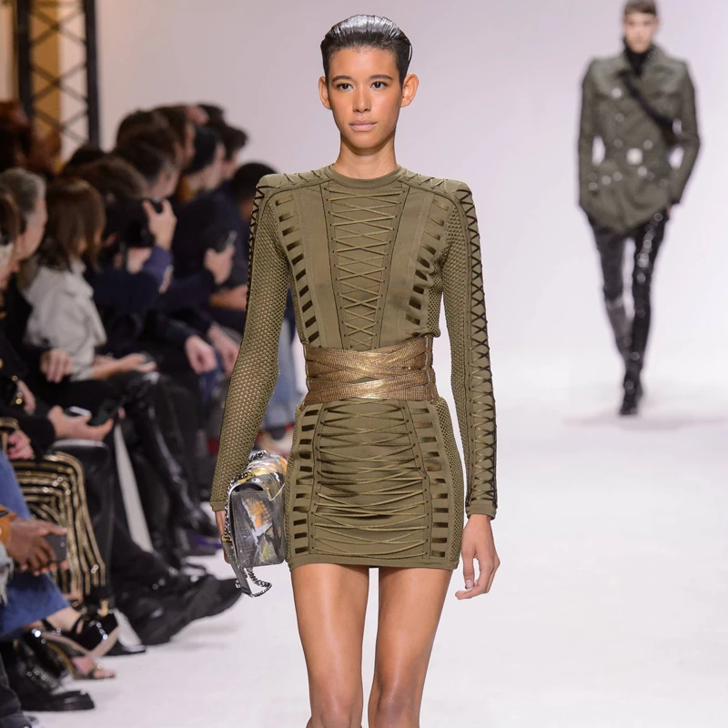 

Women Bandage Dress High Quality Long Sleeve Bodycon Olive green Mini Celebrity Evening Party Dress Wholesale Vestidos New Style