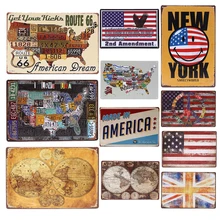 Ретро Карта мира линия оловянные знаки Америка Национальный флаг Англии металлическая пластина Дом Офис сарай салон спальня настенные таблички YN108