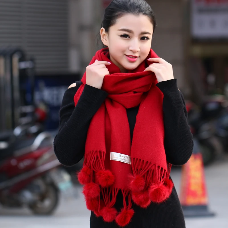 Кашемировый шарф дизайнерский бренд Роскошные женские меховые шаровые шали из пашмины Шерстяные Длинные теплые толстые шали для осени и зимы