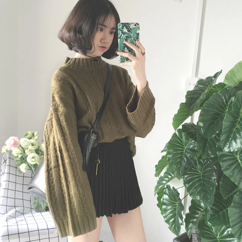 Sweaters For Women 2018 Winter Sweaters Half Turtleneck Flare Sleeve Sweaters Loose Harajuku Pullovers Sweaters Female #3346