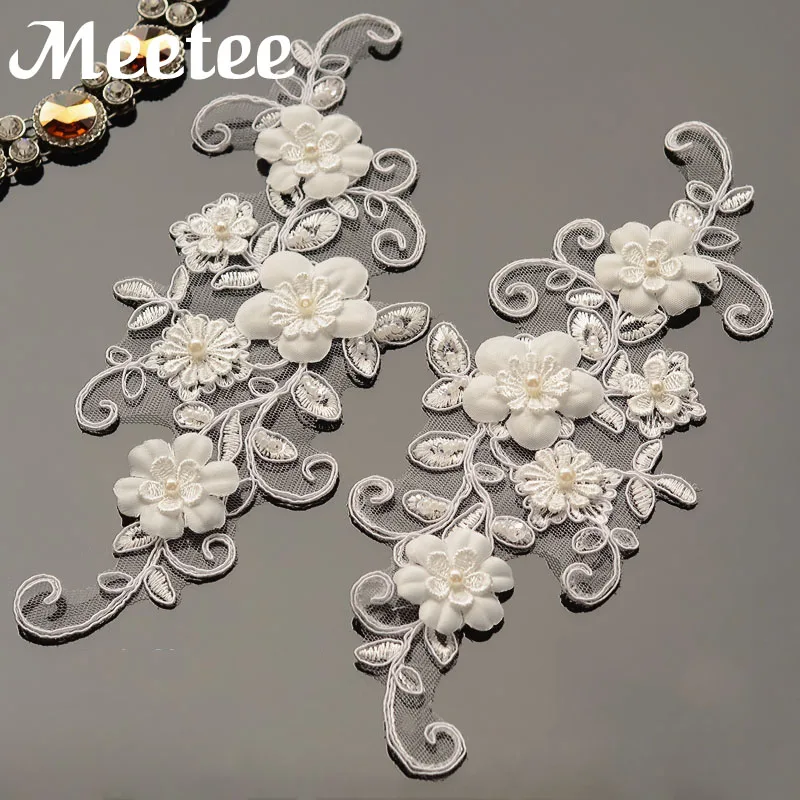

3D Beaded Lace Appliques Embroidered Flowers Rhinestone Lace Trims Fabric Wedding Dress Bridal Veil Lace Motifs DIY Crafts