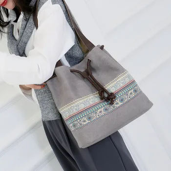 

High Quality Women Leisure National Bags Canvas Handbag Single Shoudler Bags Bucket Large Capacity Shopping Totes