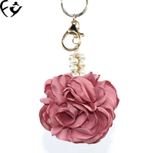 Ladies wind camellia flower ball keychain bag hanging ornaments car luxury pearl pendant