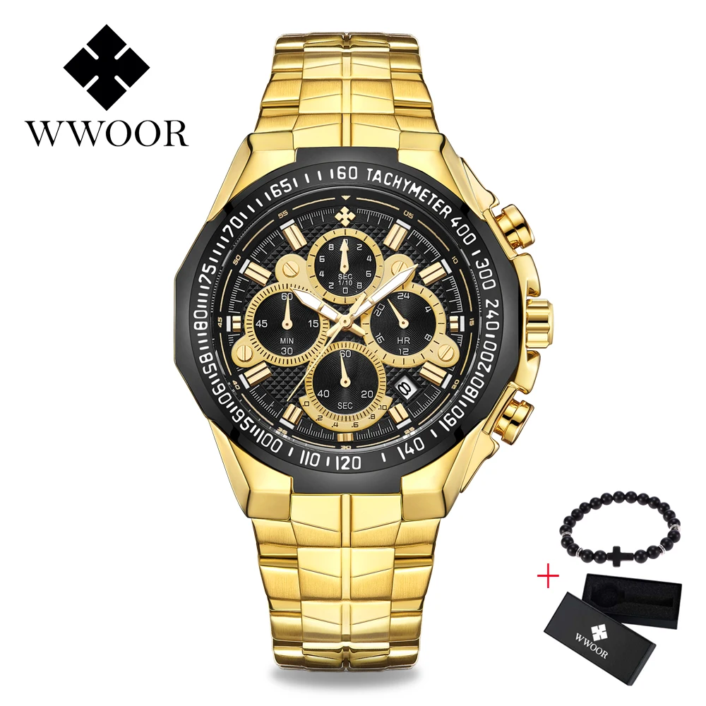  WWOOR Luxury Fashion Steel Strap Watch Men Quartz-watch Casual Male Sports Business Wristwatch Gold