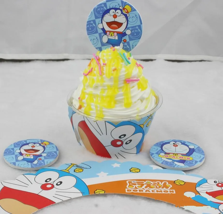 

Free Shipping Doraemon cupcake wrappers toppers 24 PCS/LOT kids birthday party favors Cup Cake decorations party supplies