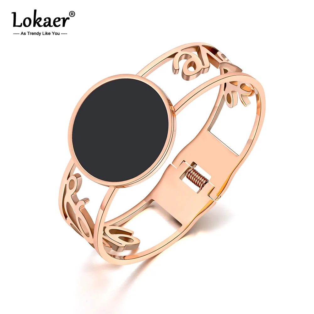 

Lokaer Titanium Stainless Steel Black Acrylic Bangles Bracelets For Women Rose Gold Love Cuff Bangle Bracelet Jewelry B19069