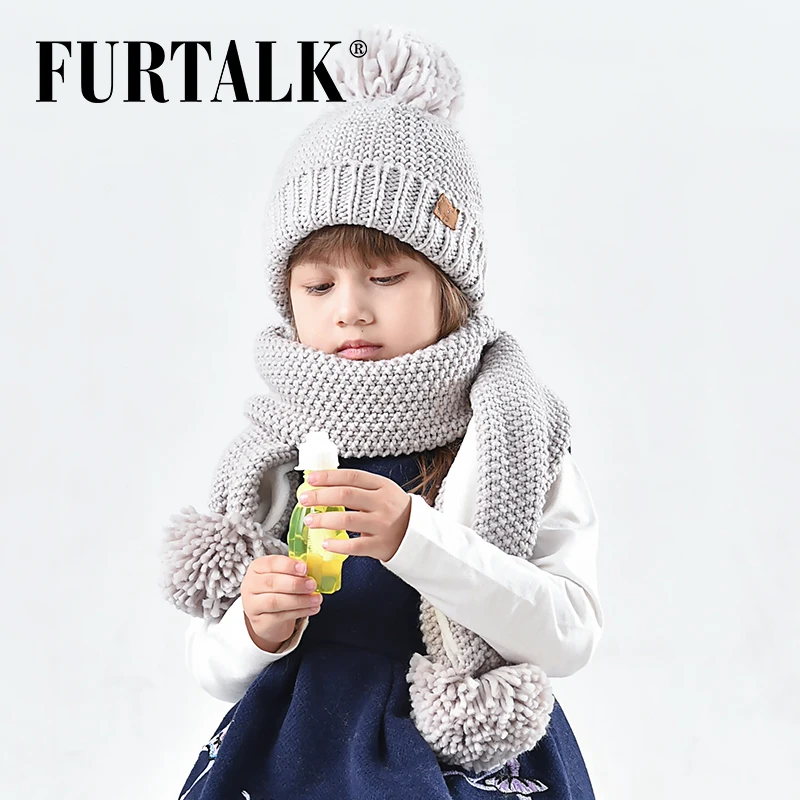 FURTALK помпон зимняя детская шапка и шарф набор трикотажная шапка для мальчиков Шапки для девочики шарф CH002