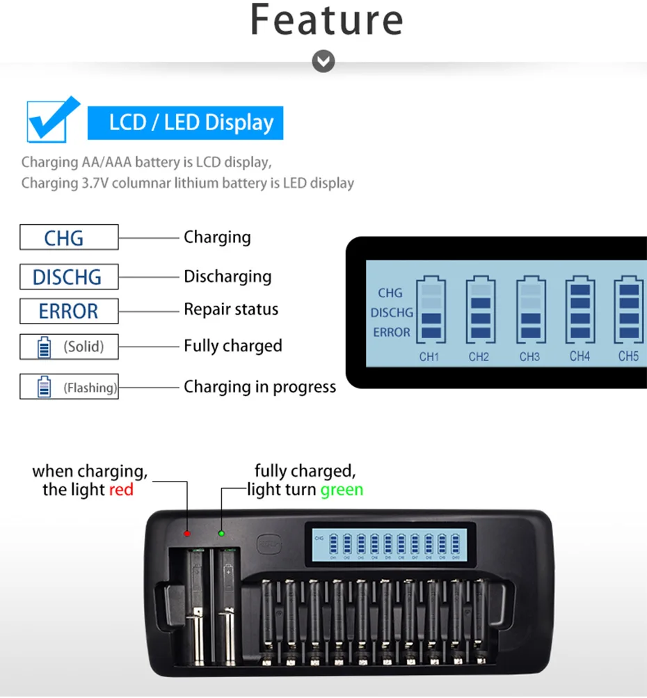 PALO 12 Слот ЖК-дисплей Дисплей Смарт Зарядное устройство для 1,2 V зарядное устройство для никель-кадмиевых или никель-металл-AAA, SC никель-металл-гидридный аккумулятор с компакт-дисков Перезаряжаемые Батарея 3,7 V ионно-литиевая Батарея 18650 17500 14500