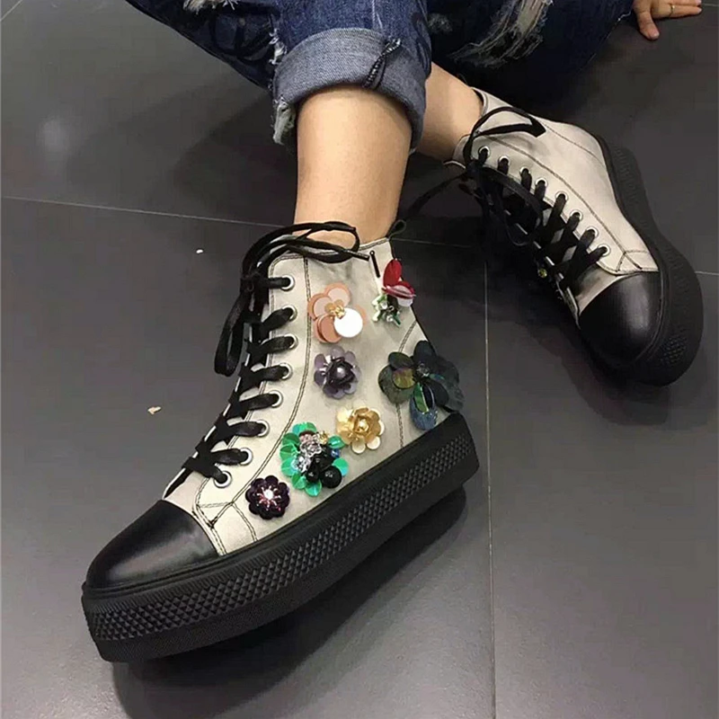 

Fashion Denim Leather brand Women Ankle Boots luxury Crystal Flowers Height Increasing Dress Shoes Woman Gladiator Short Boots