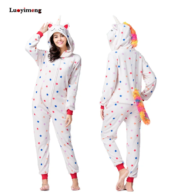 Winter Adults Unicorn Onesie Kigurumi Animal Panda Pajamas Flannel Hooded Anime Stich Licorne Pyjamas Women Men Sleepers Blanket - Цвет: white star