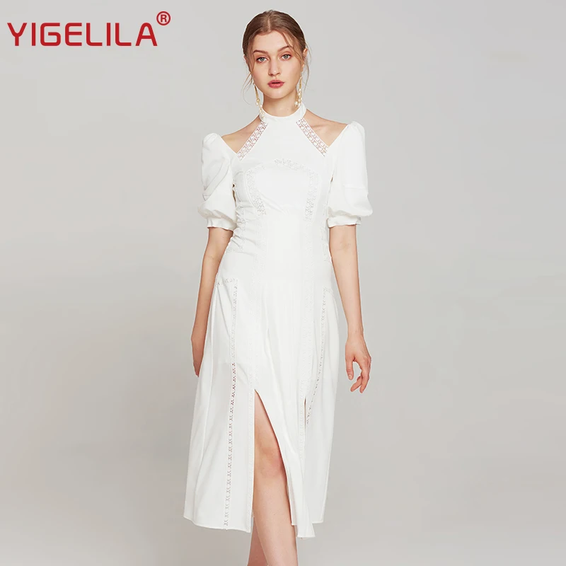 YIGELILA модное женское белое платье с лямкой на шее летнее рукавами фонариками