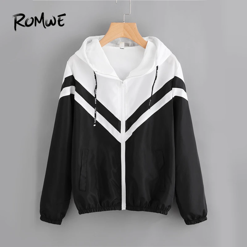 incredible  ROMWE Two Tone Hooded Zip Up Jacket Women Spring Autumn Casual Color Block Clothing Female Black an