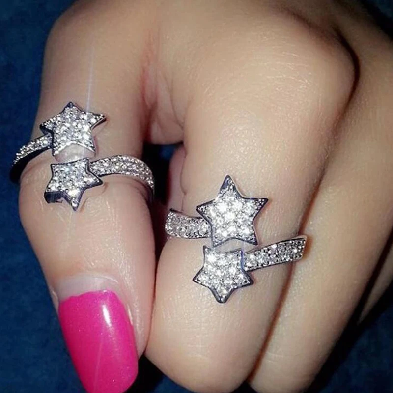 

ZHOUYANG Open Ring For Women Romantic Two Little Stars Micro Cubic Zirconia 3 Color Adjustable Party Gift Fashion Jewelry KBR373
