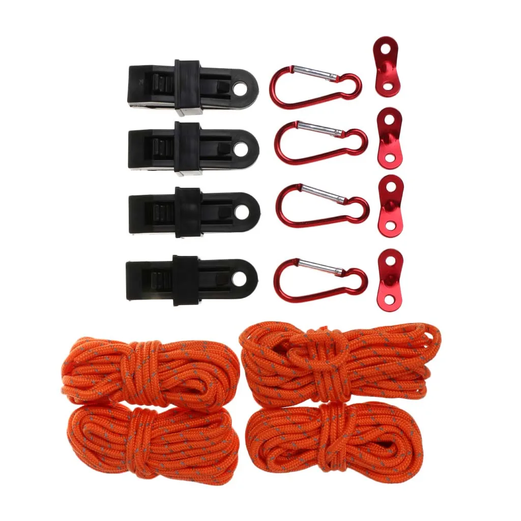  Tent Accessory Set with Reflective Rope/Tarp Clip/Cord Tensioner/Carabiner for Outdoor Camping Hiking Equipment Accessory