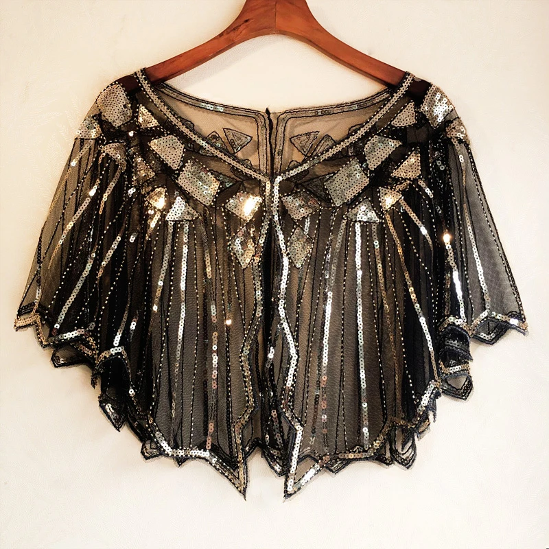 

2019 Geometric Sequin Beaded Cape Vintage 1920s Shawl Wraps Flapper Cover Up Women Lady Mesh Scarf for Party Evening Gown Shrug