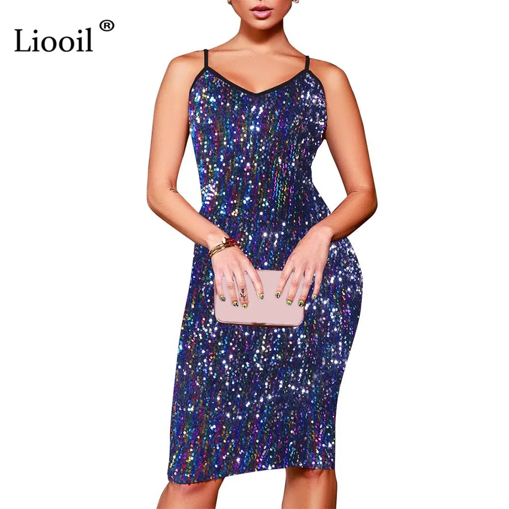Liooil Sexy Club Plus Size Sequin Midi Dress Women Patchwork Spaghetti
