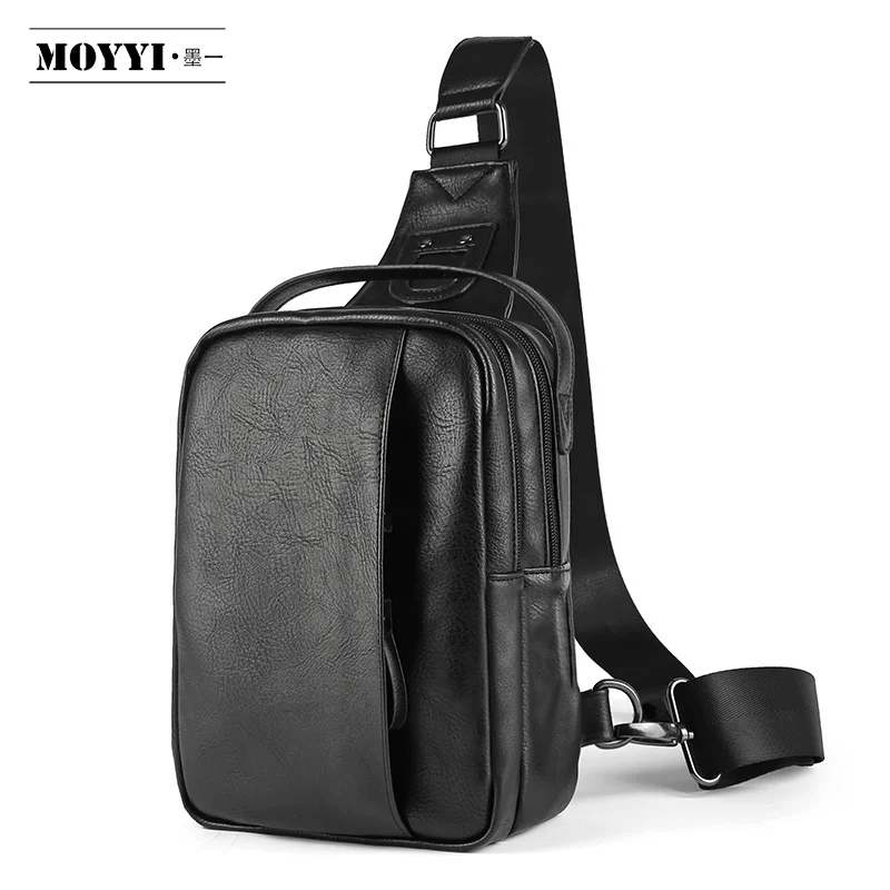 

MOYYI Men's Chest Bag Men Leather Chest Pack USB Backbag Functional Travel Organizer Male Sling Bag