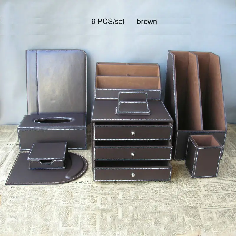 9PCS/set office leather desk organizer set 2-grid file holder 3-drawer file storage cabinet A4 manager folder tissue box K255