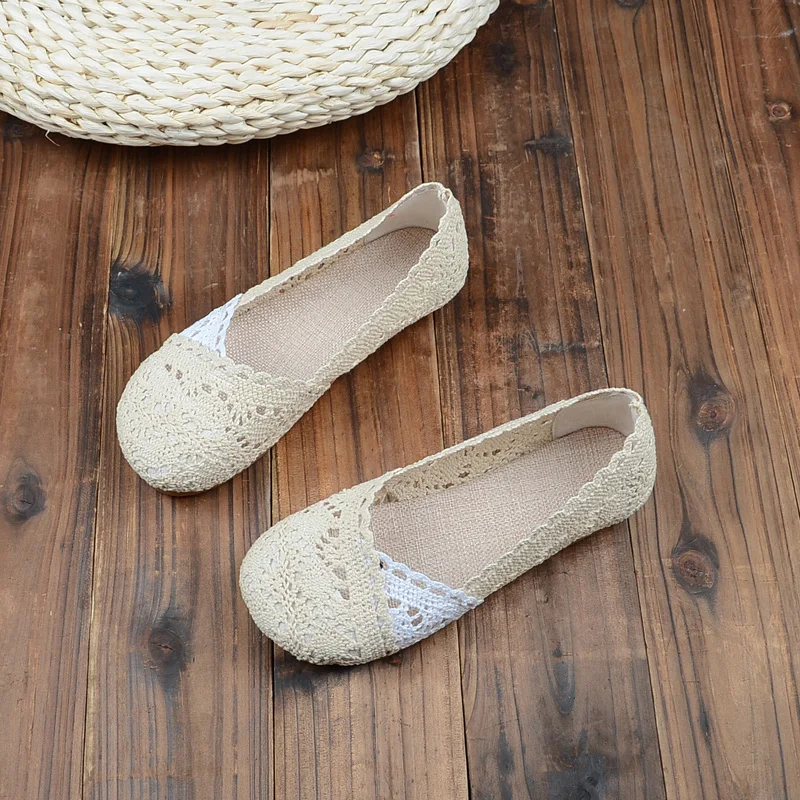 summer hollow sandals shallow mouth lace flat shoes comfortable cotton and linen women's shoes