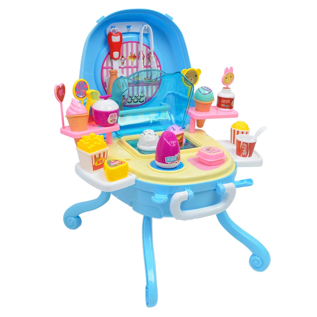 Kids Ice Cream Playset (40pcs) In Foldable Stool, Pretend Play Toy Xmas Gift for Boys Girls