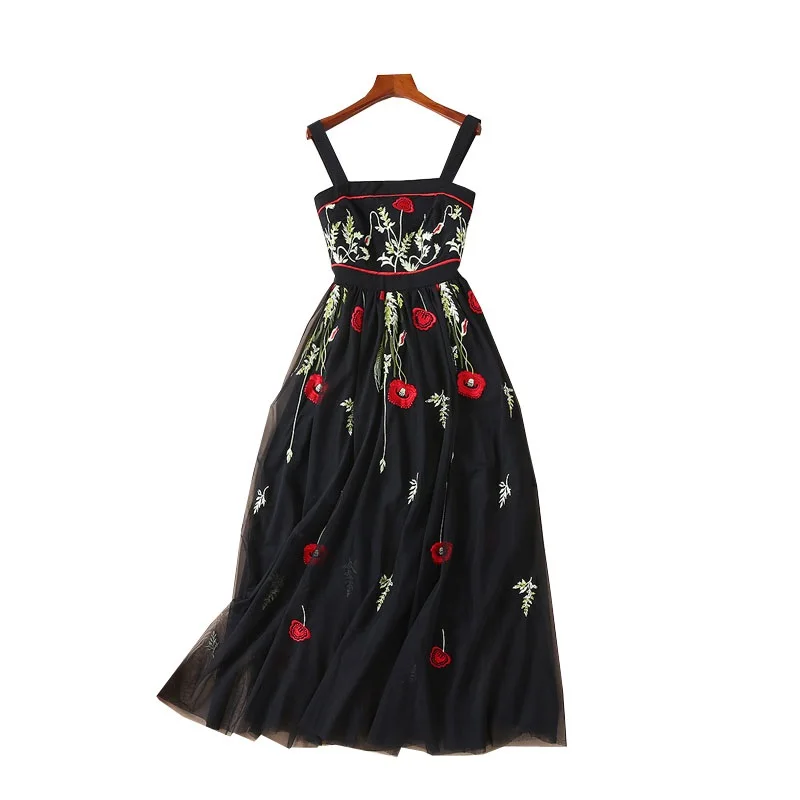 

Women girls rose floral embroidery black mesh dress summer 2019 new pleated spaghetti strap sexy party dresses brand