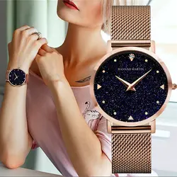 Для женщин часы Японии кварцевый механизм Элитный бренд мода Звездное небо розовое золото нержавеющая сталь сетки водонепроница