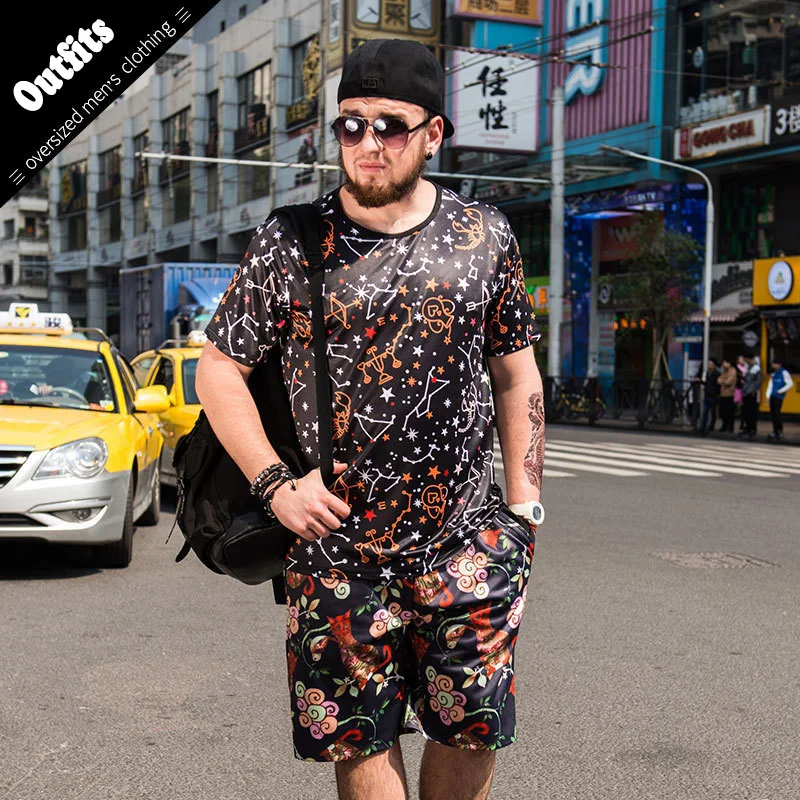 

2018 Loose Suits Men Balance Print Suits Summer 2PC Breathable Short Set Men's Design Fashion T-shirt Shorts Tracksuit Set 6XL