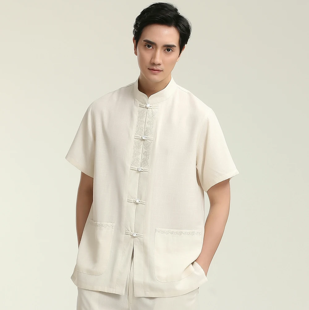 Hot Sale Beige Chinese Men Cotton Linen Shirts Summer Embroidery Short ...
