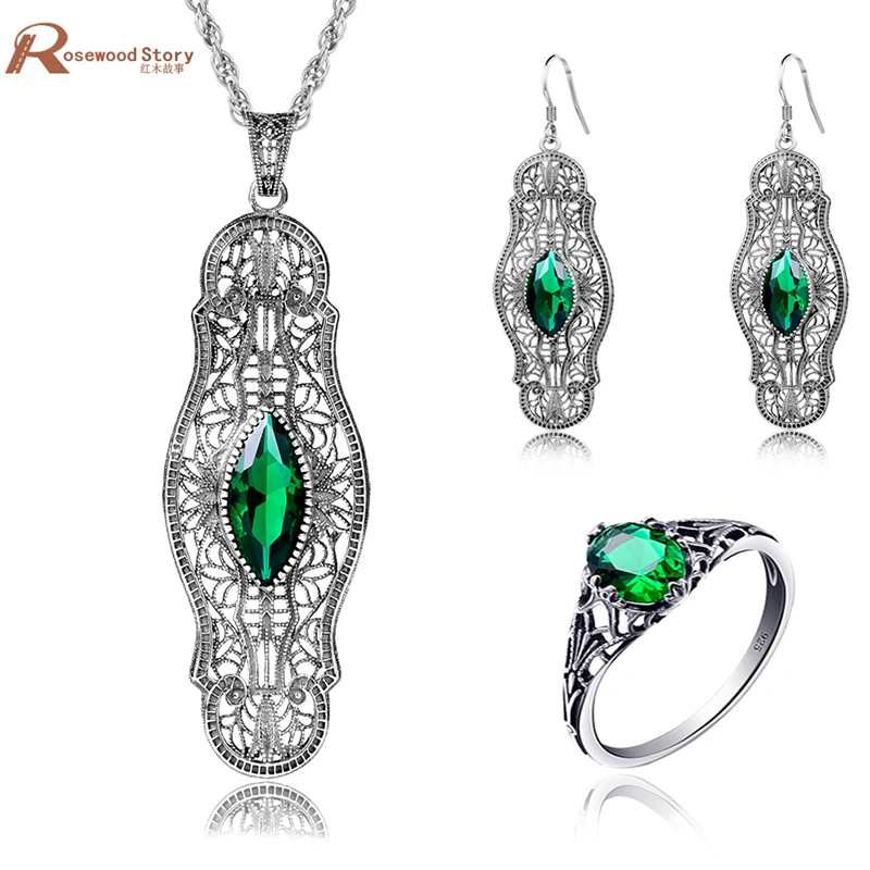 

High Quality Indian Jewelry Set Green Stone Crystal Vintage Bohemia Style 925 Sterling Silver Set For Brides Wedding Accessories
