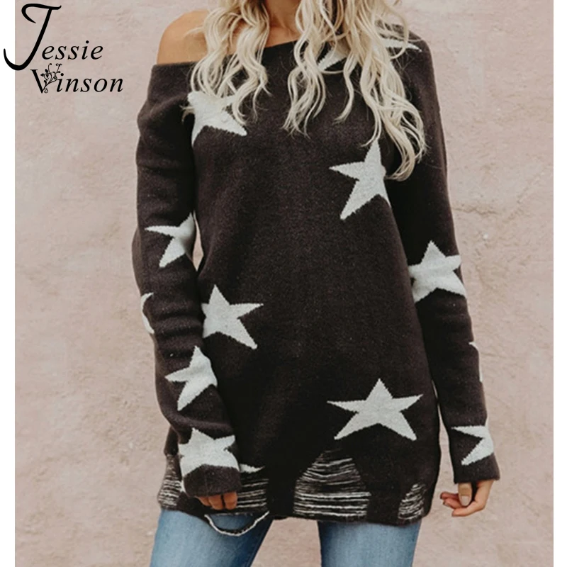 

Jessie Vinson Long Sleeve O-Neck Star Ripped Sweater Women Casual Long Pullover Sweater Jumper Female Knitted Sweater Winter