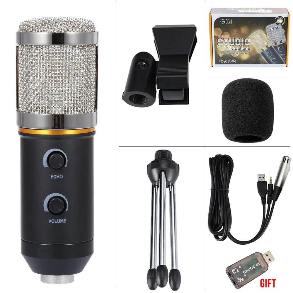 GEVO MK F200FL Computer Microphone Condenser Wired 3.5mm Cable Professional USB Mic For Karaoke PC Studio Recording With Tripod - Цвет: BLACK