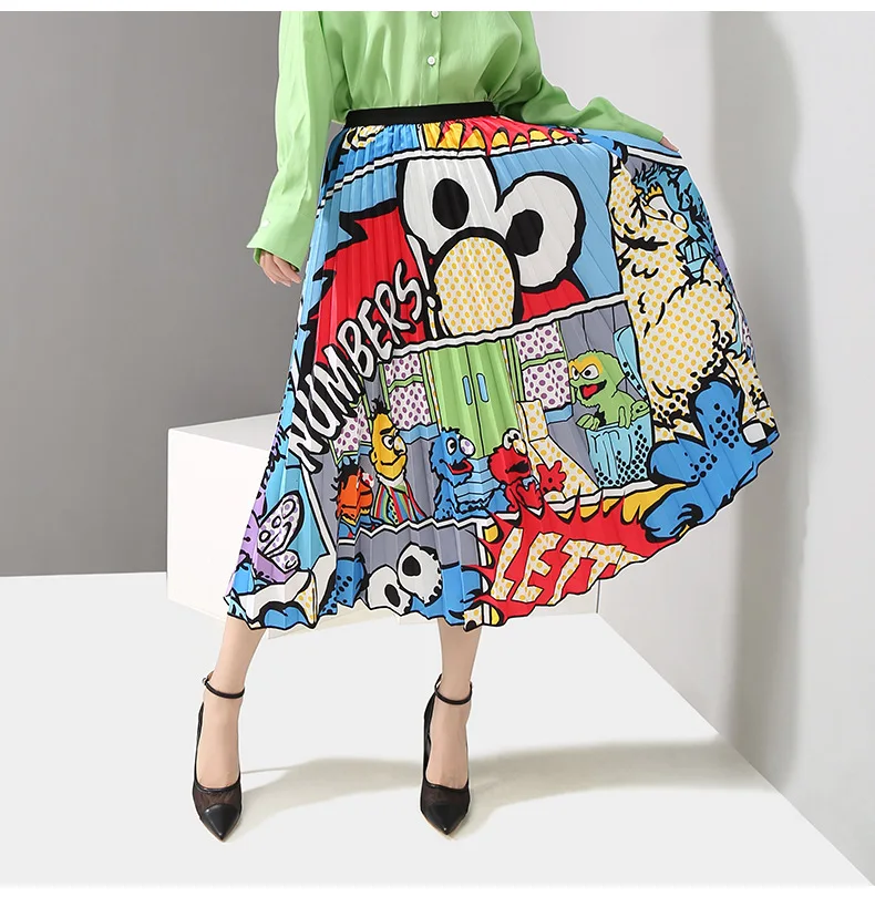 Женские летние богемные boho Длинные юбки для дам Высокая талия Мультфильм Печать красочные длинные плиссированные юбки