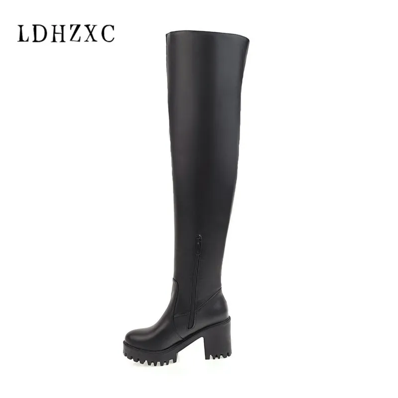

LDHZXC 2018 new fashion Women Boots Sexy roud Toe Fabric Over Knee High Boots Western Square Heel Shoes woman