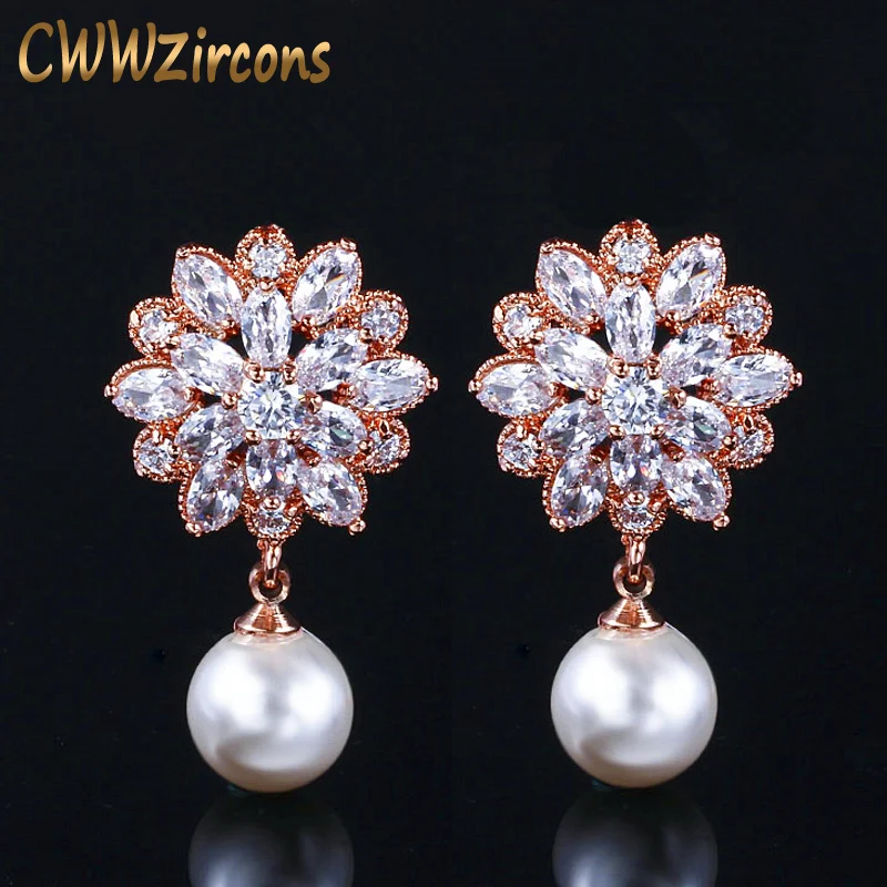 

CWWZircons Brand Fashion CZ Crystal Dangling Drop Pearl Earring Rose Gold Color Cubic Zirconia Jewelry for Women CZ183