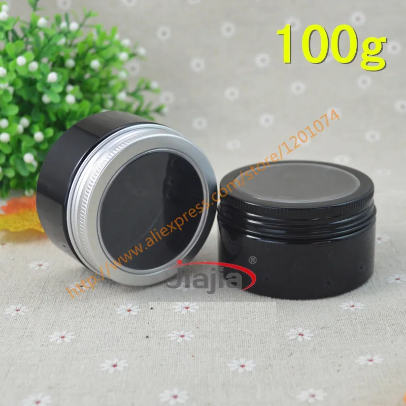 

100ml black Cream Jar Cometic Packaging,100g black PET Jar Plastic Container with silver/black Aluminum Cover(a window)
