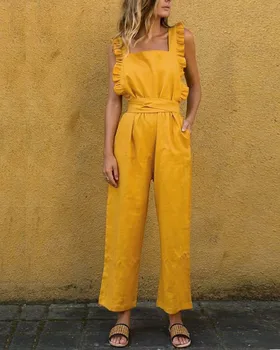 

hirigin new Women loose Solid ruffles Jumpsuits female Sleeveless Casual Romper ladies fashion Wide Leg Pants empire square neck