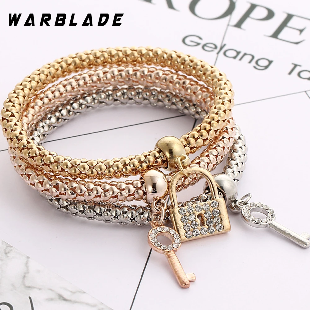 

WBL Fashion Jewelry Key And Lock Bracelets & Bangles Gold Color Crystal Chain Bracelet With Pendants for Women 3pcs/set