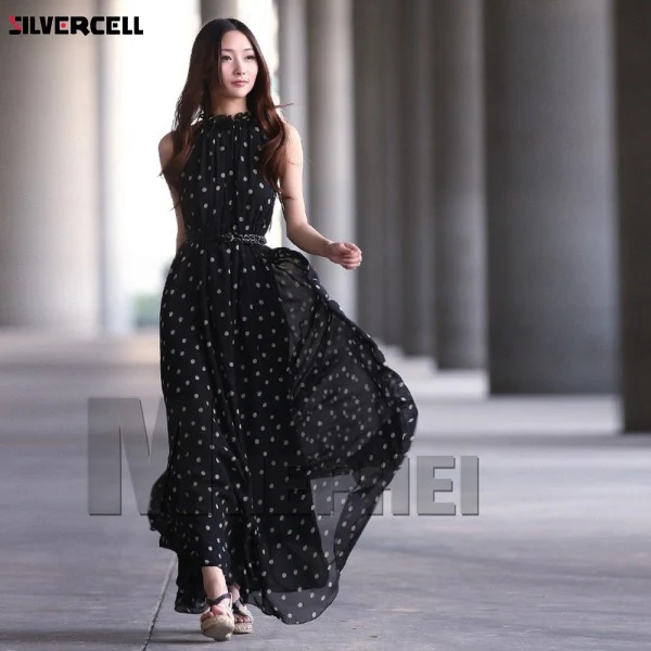 

2017 Summer Sexy Women Boho Long Maxi Evening Party Chiffon Dress Sleeveless Polka Dot Dress