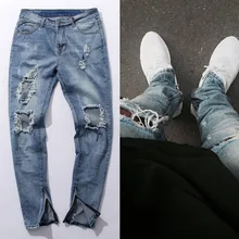 Angst Gottes Jeans Herren Knie Loch KANYE WEST Seite reißverschluss Schlanke Distressed Jeans Messer Geschnitten Zerrissenen Jeans Für Männer Freeshipping