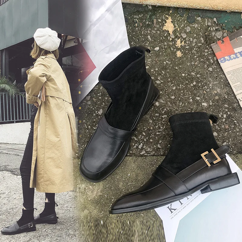 Goedkoop Enkellaars Voor Vrouwen 2018 Herfst Winter Platte Bodem Zacht Lederen Sokken Korte Laarzen Zwart Lederen Riem Gesp Schoenen Vrouw botas