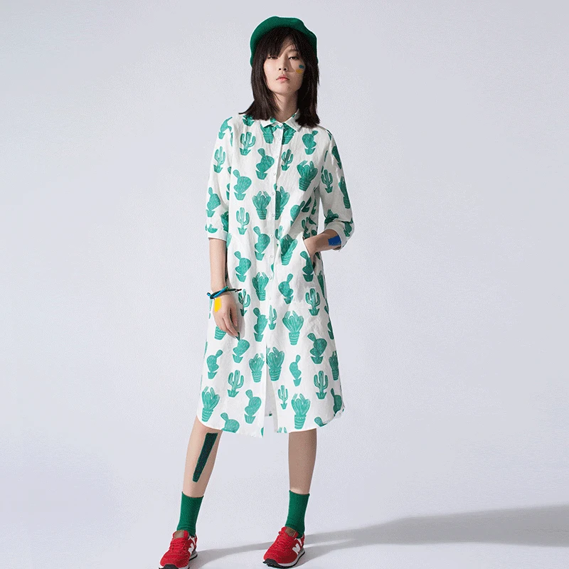 

LYNETTE'S CHINOISERIE Summer Women Half sleeve women's summer cactoid print shirt one-piece dress
