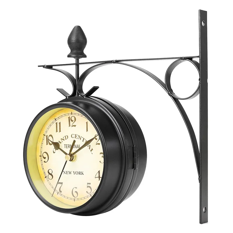 Charminer doble cara redonda pared montaje estación reloj jardín Vintage Retro Decoración del hogar marco de Metal + cubierta de esfera de vidrio Charminer doble cara redonda pared montaje estación reloj jardín Vintage Retro Decoración del hogar marco de Metal + cubierta de esfera de vidrio