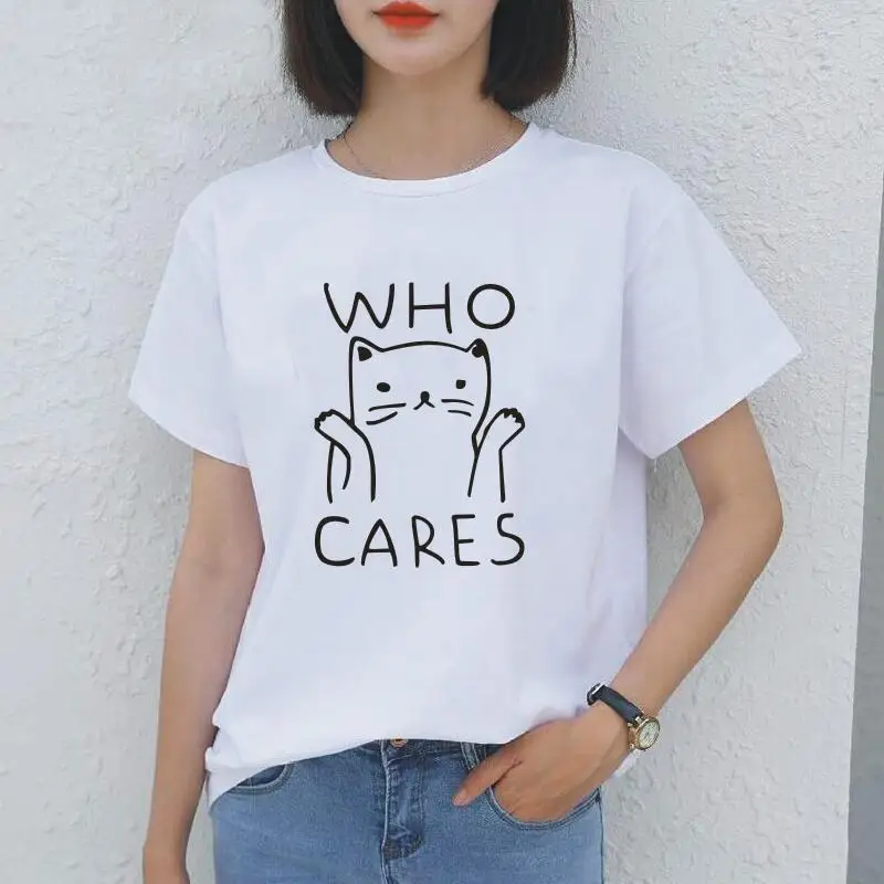 

Who Cares Cat Funny Graphic T Shirt Women Tops Summer Short Sleeve Tee Shirt Femme Casual Black White Shirt Women Camiseta Mujer