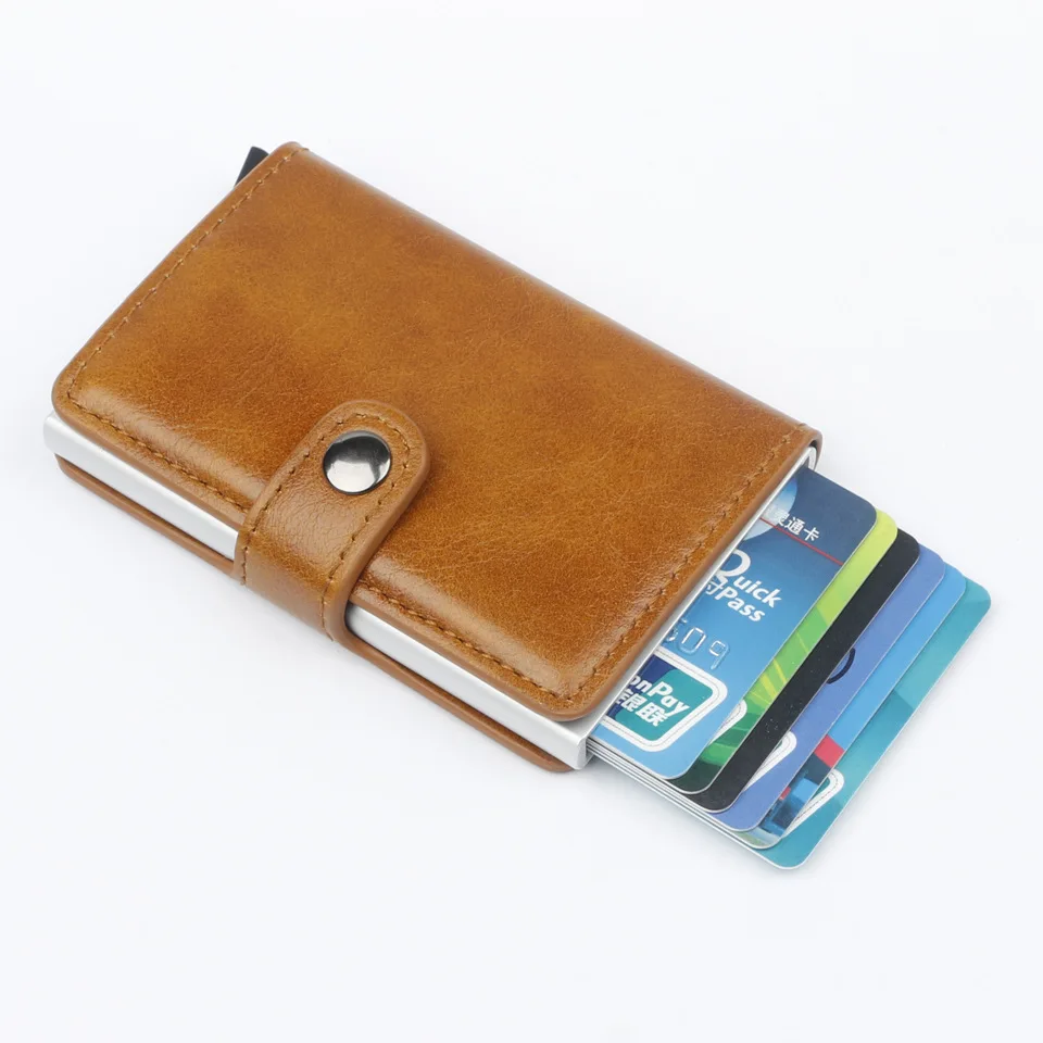 

New Antitheft Men Vintage Credit Card Holder Blocking Rfid Wallet PU Leather Unisex Security Information Aluminum Metal Purse