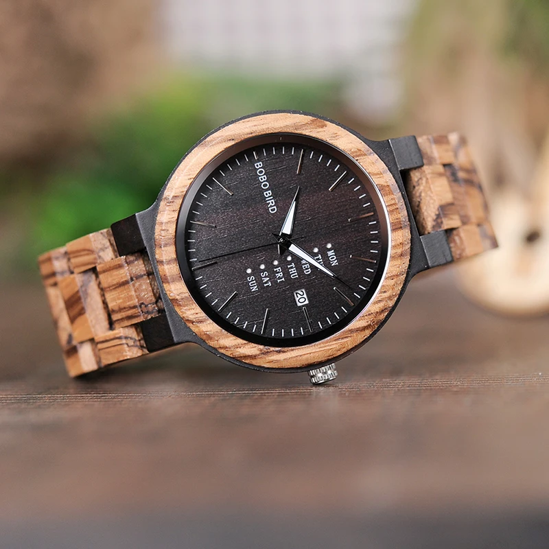 BOBO BIRD O26-2 Men's Wood Dress Analog Watch With Week Display Casual Quartz Watch Ship from Spain In Gift Box