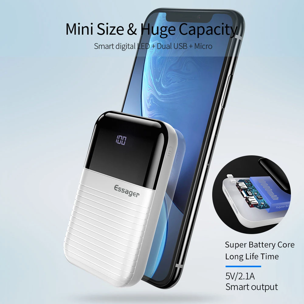 Essager Mini power Bank 10000 мАч Внешний аккумулятор Портативное зарядное светодиодный bank