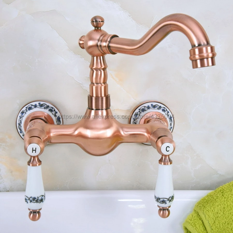Antique Red Copper Bathroom Basin Faucet Wall Mounted Double Handle Swivel Spout Hot and Cold Mixer Faucet Nnf955