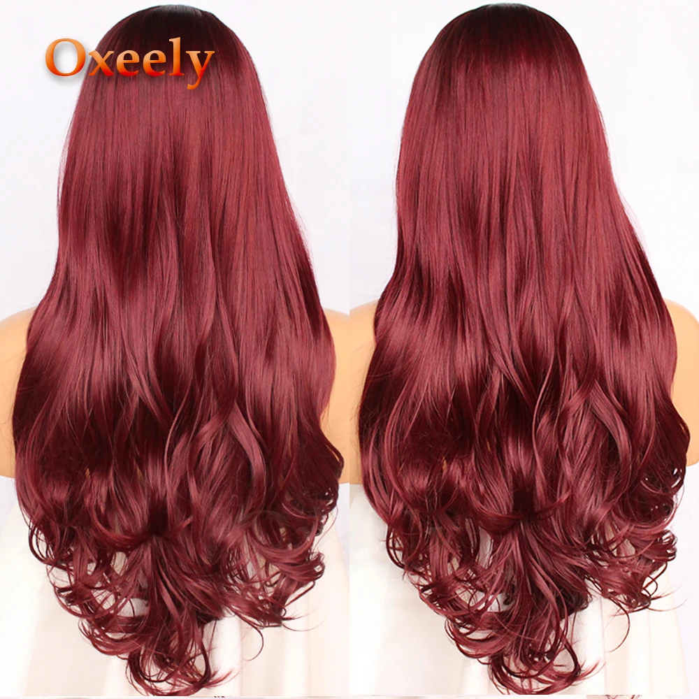 Oxeely Burgundy Long Wavy Hair Synthetic Hair Full Wig Red Natural Body Wave None Lace Wig Heat Resistant Deep Parting for Women