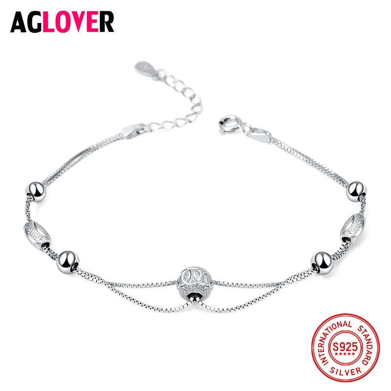 

100% 925 Sterling Silver Fine Jewelry Ball Charm Bead Bracelets For Women Wedding Box Chain Bracelets Bangles Gift
