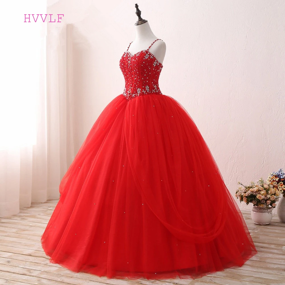 

Red Puffy Cheap Quinceanera Dresses Ball Gown Spaghetti Straps Tulle Beaded Pearls Sweet 16 Dresses